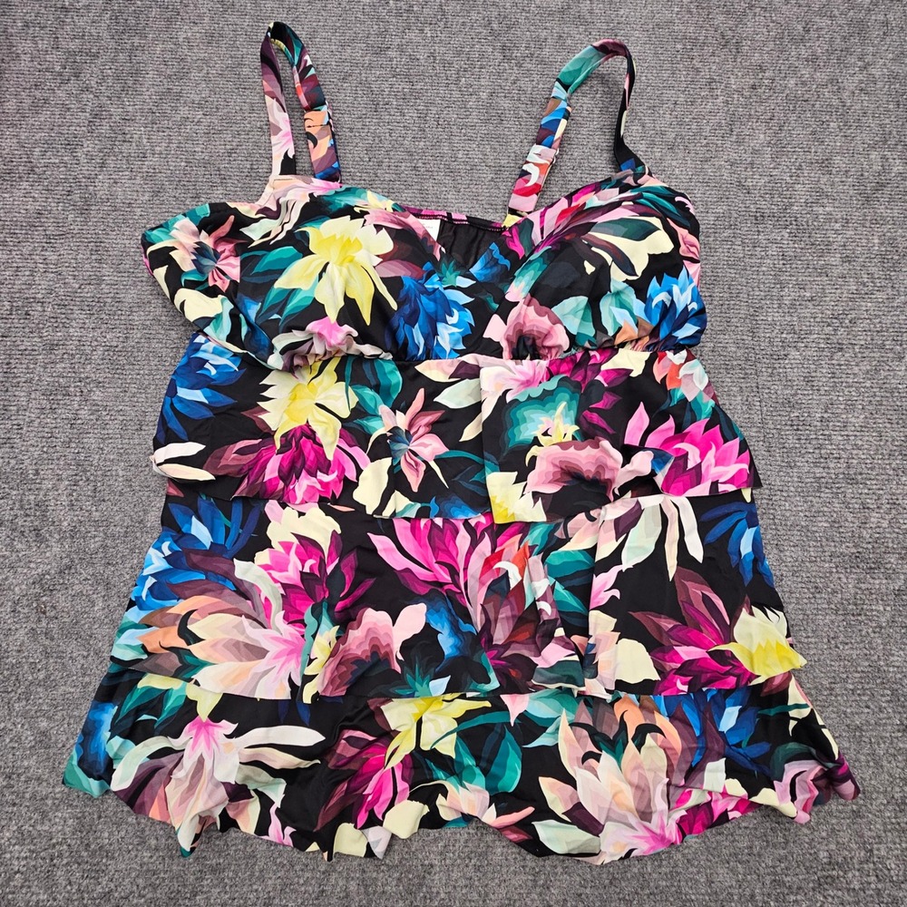 Swim Solutions Women Tankini Triple Tier Floral Bust Support Black Multi 22W